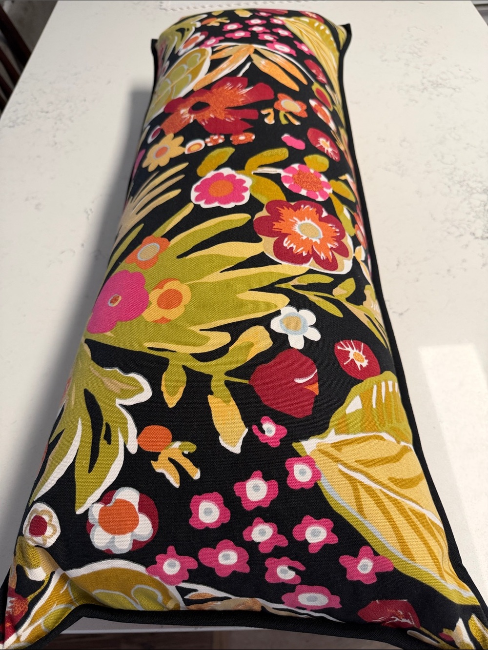 Pottery Barn Floral Bolster Pillow and Cover in Black with Pink & Mustard